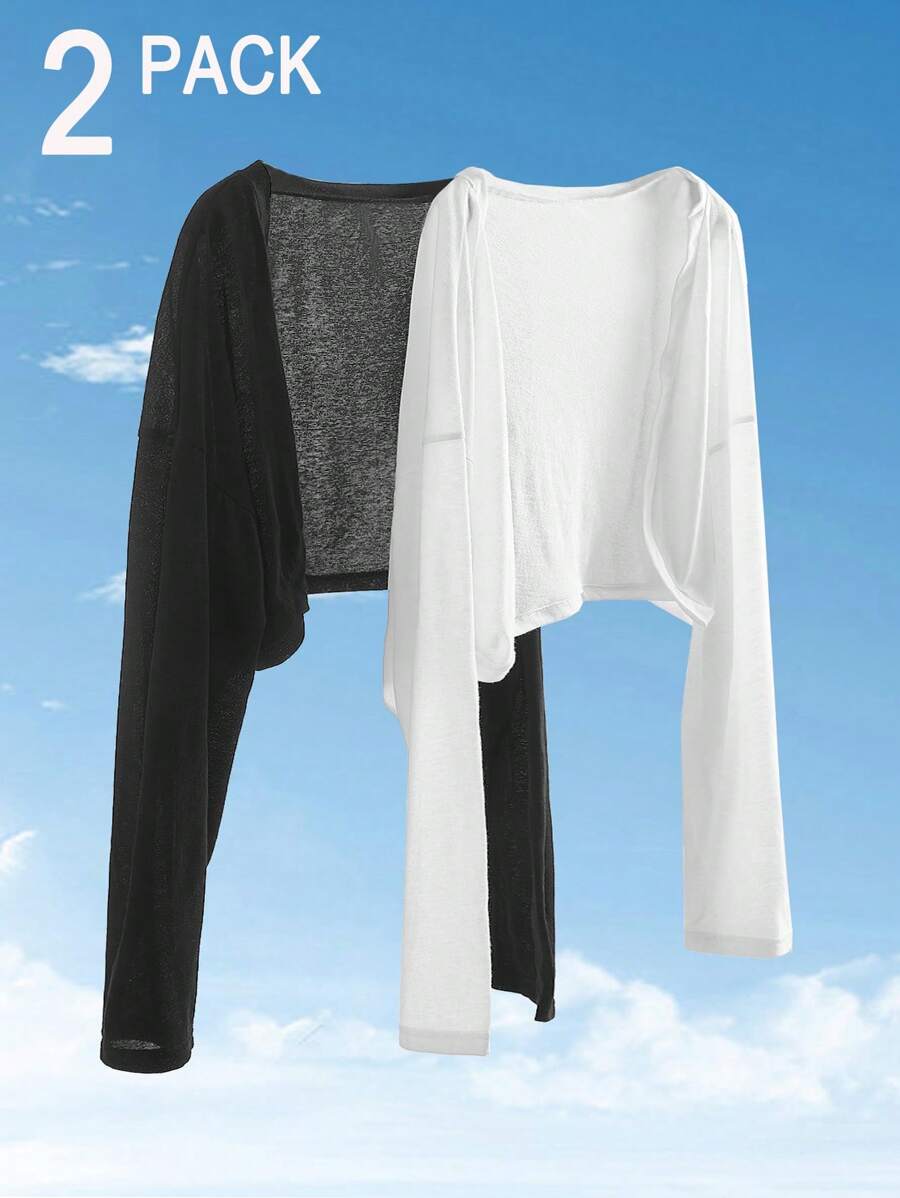 SHEIN EZwear 2 件大码女式黑白长袖前开式休闲夹克套装 - 黑與白 - 查看 1