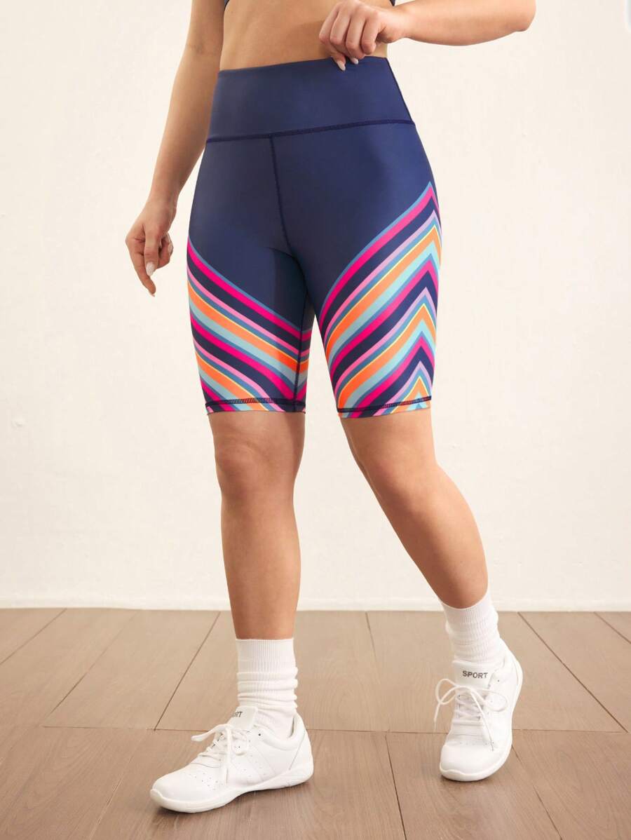 Cheerettes Women High Waist Striped Casual Fitness Workout Shorts - Navy Blue - View 1