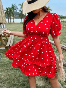 Sunnyshic Robe grande taille au style boho, col en V, imprimé floral, manches courtes, volants à l'ourlet, pois, pour la Saint-Valentin, pour l'été