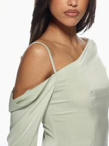 MISSGUIDED One Shoulder Satin Mini Dress Asymmetric Drape Long Sleeve Bodycon Party Club Evening Elegant Form-Fitting Spring Summer