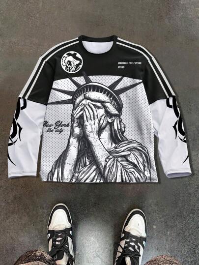 PAVTROS Camiseta de manga larga casual con estampado de letras y cuello redondo 2 en 1 para hombre, para otoño