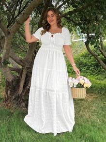 Flirla Plus Size Boho Solid Sweetheart Collar Ruffle Trim Front Tie Puff Sleeve Elastic Waist A-Line Patchwork Dress, For Summer - White - View 3