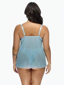 MISSGUIDED PLUS Plus Size Babydoll Lingerie With Lace Trim Empire Waist Mesh Nightwear Adjustable Straps Intimate Sleepwear Cami Top Spring Summer Collection - Blue - View 2