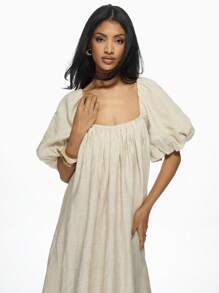 MISSGUIDED 极端音量泡芙袖挤奶女工工作服马克西连衣裙亚麻混合夏季海滩度假村波西米亚婚礼客人草原风格声明连衣裙 - 杏色 - 查看 3