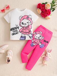 Set de 2 piezas: Camiseta de cuello redondo con patrón de gato lindo y pantalones ajustados para niñas jóvenes