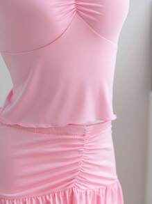 Váy mini màu hồng cho bé gái tuổi teen kèm quần short, bộ áo ba lỗ dệt kim dây nơ, phong cách ngọt ngào & Y2K - Hồng - Xem 5