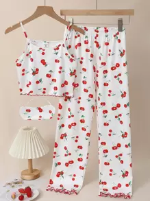 女童水果和樱桃印花背心、裤子、眼罩、红色撞色边饰休闲套装，夏季 - 彩色 - 查看 3