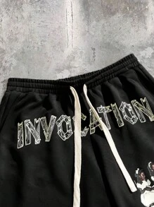 Manfinity VCAY Men's Letter Print Drawstring Waist Casual Loose Knit Shorts - Black - View 3