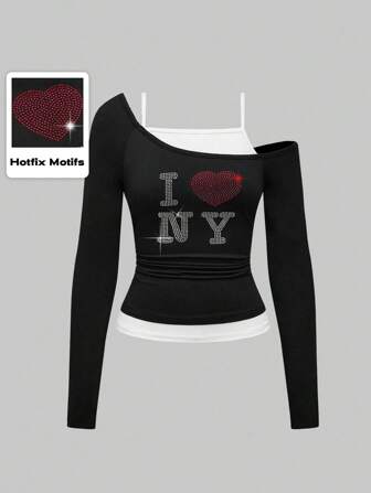 Grunge Punk Outfit sexy da donna per San Patrizio, outfit per concerti, outfit da festa - Maglia a costine asimmetrica con spalla scoperta, decorata con patchwork e strass