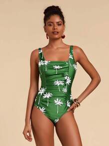 Travachic Đồ bơi liền thân không tay họa tiết hoa nhún bèo cho nữ, dành cho kỳ nghỉ hè ở bãi biển - Màu xanh lá cây đậm - Xem 2