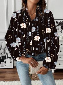 SHEIN LUNE Women's Summer Casual Country Western Ruffle Collar Lantern Sleeve Pattern Print Long Sleeve Blouse - Black - View 6