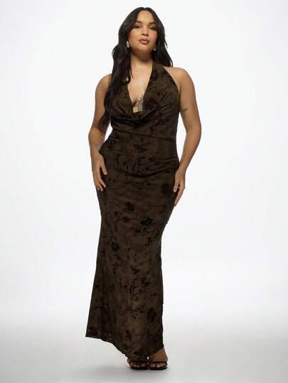 MISSGUIDED PLUS Plus Size Floral Velvet Halter Neck Maxi Dress Evening Gown Special Occasion Party Formal Elegant Holiday Wedding Guest Dress