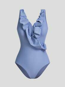 SHEIN Swim Mod 适合女士和女孩的可爱云边连体泳衣，夏季海滩度假 - 藍色 - 查看 1