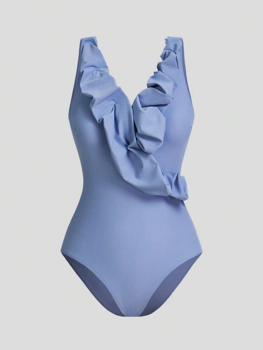 SHEIN Swim Mod 适合女士和女孩的可爱云边连体泳衣，夏季海滩度假 - 藍色 - 查看 1