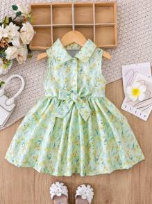 SHEIN Playful Pals 女嬰綠色碎花襯衫洋裝 夏季可愛派對休閒度假風 領口設計 前開扣 薄荷綠蝴蝶結飾洋裝 - 綠色 - 查看 2