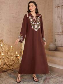 Al Najma 女式 V 领刺绣长袖连衣裙，简约风格，朴素的卡夫坦 - 咖啡棕 - 查看 7