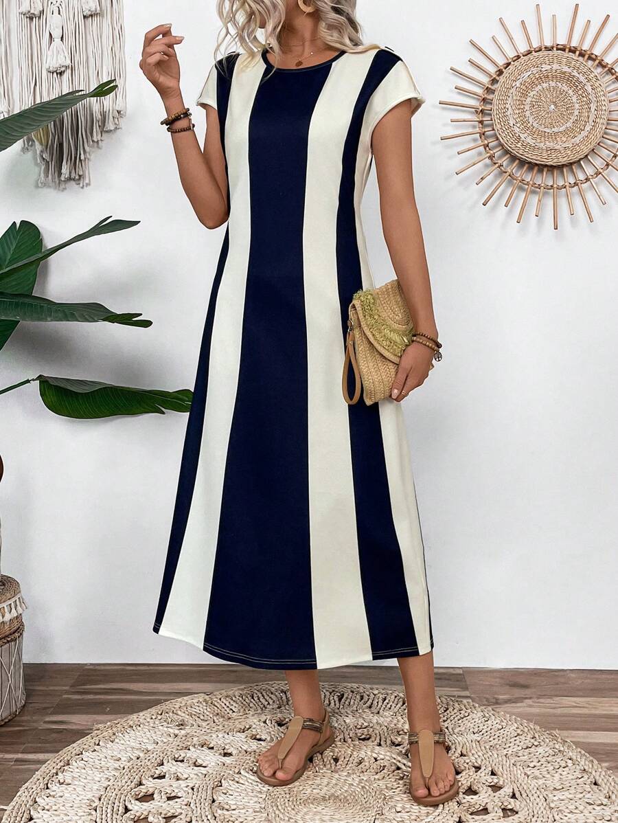 Breezaya Women's Casual Elegant Contrast Color Striped Batwing Sleeve Button Decor Cinched Waist Midi Dress - Multicolor - View 1