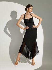 Dansine 蕾丝和网眼拼布长款女式舞蹈服装 - 黑色 - 查看 3