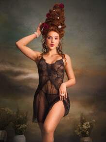 Retro Palace-Style Polka Dot Lace Embroidery Sexy Women Nightgown - Black - View 3