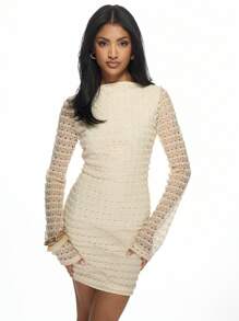 MISSGUIDED 做旧针织迷你连衣裙，纹理长袖修身连衣裙，适合派对、夜店、晚宴、冬季假日、新年等场合。