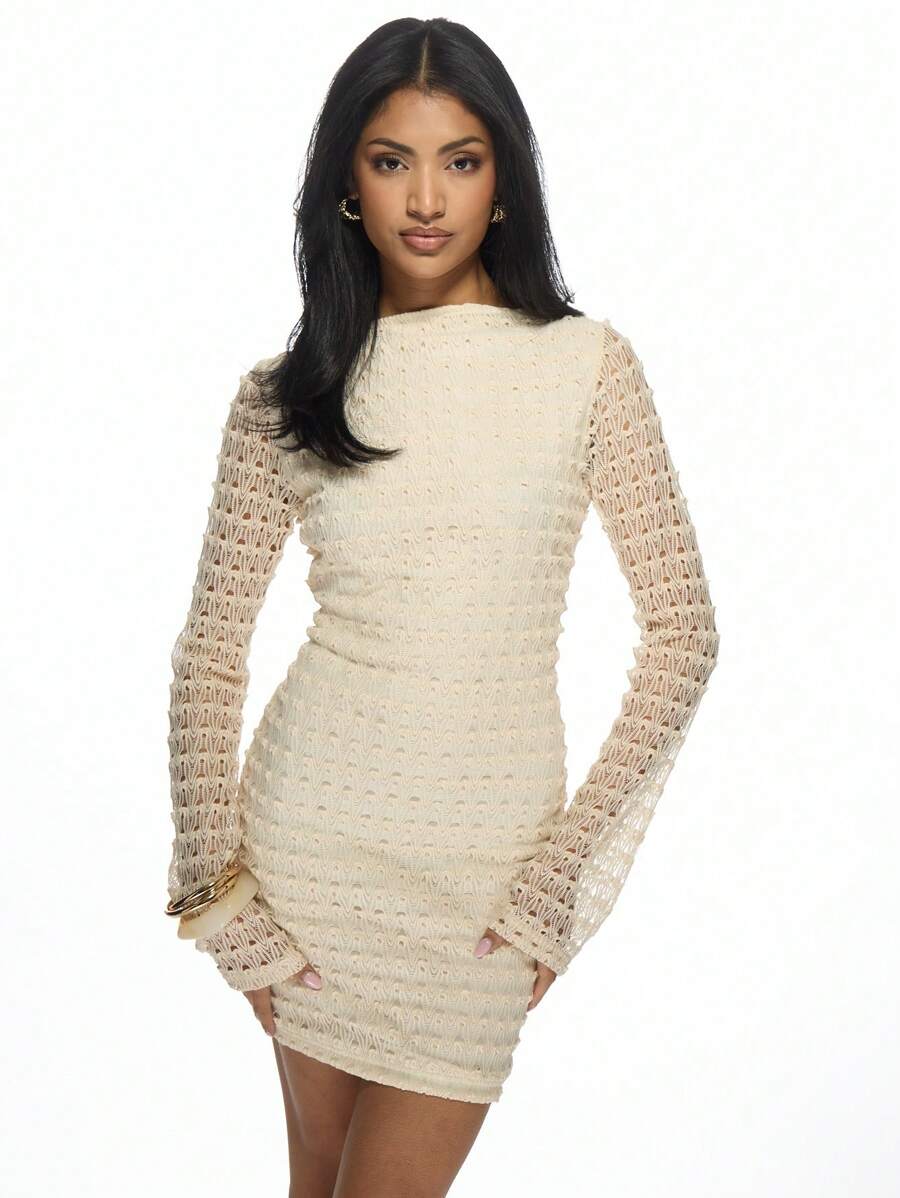 MISSGUIDED 做旧针织迷你连衣裙，纹理长袖修身连衣裙，适合派对、夜店、晚宴、冬季假日、新年等场合。