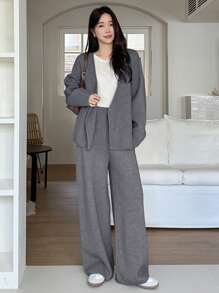 DAZY 2pcs Set Women Spring Office Knitted Sweater Outfit,Fall Clothes - Dark Grey - View 3