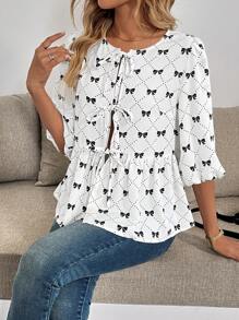 SHEIN LUNE Blusa de mujer con cuello redondo de manga corta y estampado de moño, de diseño minimalista y calce holgado, en estilo dulce, para primavera/verano