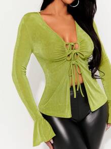 SHEIN SXY Early Spring Forest Green Top With Bowknot Collar And Flare Long Sleeves