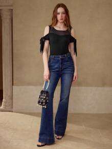 MOTF CONTRAST MESH BOW DETAIL T-SHIRT