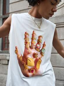 Manfinity Streetrush Conjunto casual de hombre con anillo de súper oro, brazalete, camiseta sin mangas de cuello redondo grande y sencilla, y pantalones cortos. Regalo para novio, regalo para hombres, adecuado para amigos. Camisetas con gráficos, camisetas gráficas para hombres.