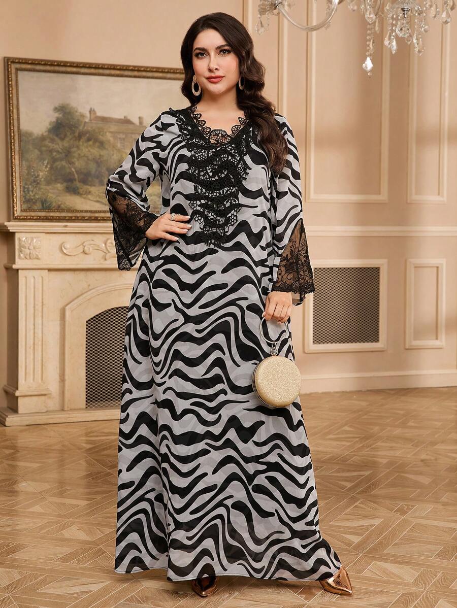 Al Najma Plus Size Women's Turkish/Arabic Traditional Maxi Tunic Dress Kaftan Jalabiya Dress - Black and White - View 1
