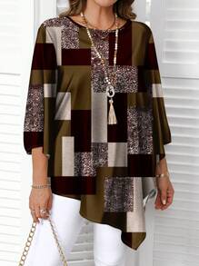 EMERY ROSE Plus Size Plaid Print Casual Minimalist Allover Print Long Sleeve Shirt, Spring/Autumn Chic Blouses For Women - Multicolor - View 3