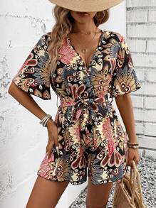 Breezaya Ganzflächig bedruckter Feiertags-Lässig-Romper mit Bindegürtel