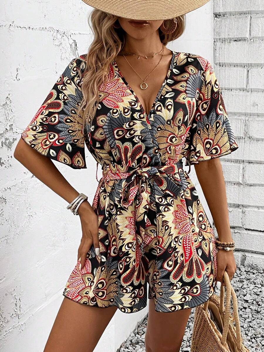Breezaya Ganzflächig bedruckter Feiertags-Lässig-Romper mit Bindegürtel