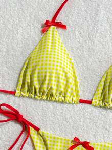 Swim Mod Bộ bikini họa tiết kẻ caro trang trí nơ đi biển cho nữ, in ngẫu nhiên - Màu vàng - Xem 3