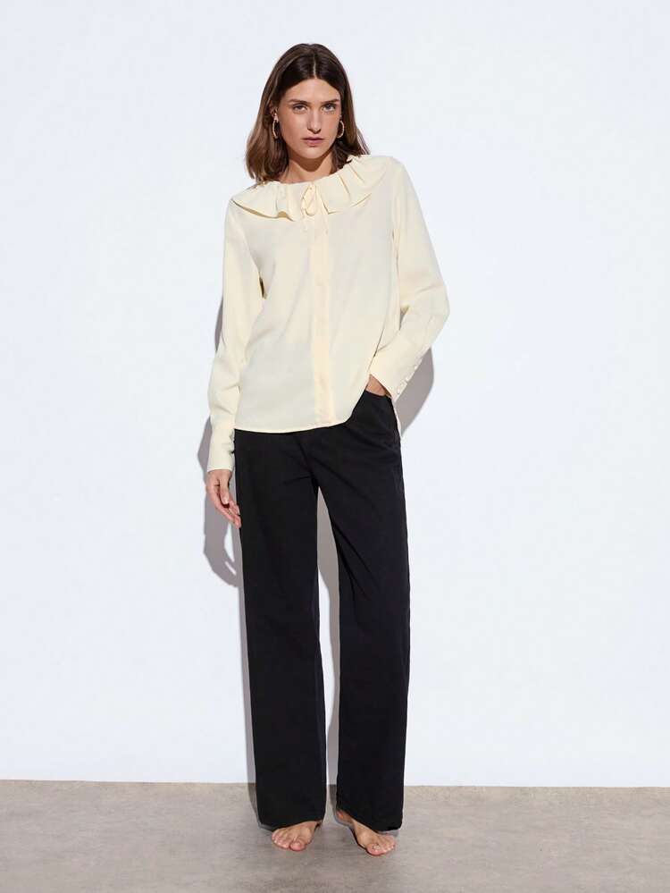 SHEIN Maija 2025 Summer New Arrival Cream Yellow Round Neck Ruffle Tie Strap Music Festival Beach Holiday Casual Romantic Urban Resort Suitable For Outing, Party, Wedding Guets, Graduation Season Ladies Blouse