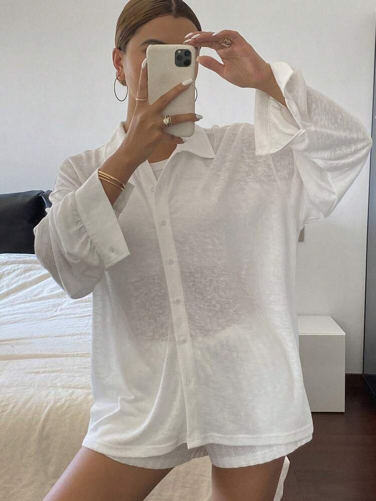 Loose Fit Solid Color Polo Neck Long Sleeve Sheer Casual Summer T-Shirt For Women Preppy Tops