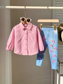 SHEIN Baby Girls Spring/Summer Striped Long Sleeve Shirt & Bow Decor Long Pants 2 Pieces Set - Pink - View 4