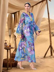 Al Najma 女式印花拼布 V 领长袖简约阿拉伯风格连衣裙 - 藍色 - 查看 5
