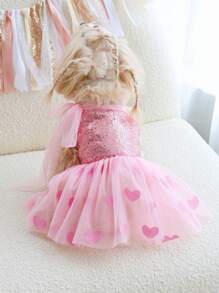 PETSIN 1pc Pet Universal Pink Heart Sequin Embroidery Flocked Mesh Bow Tie Dog Dress Elegant Cute Puppy Doggy Clothes - Pink - View 3