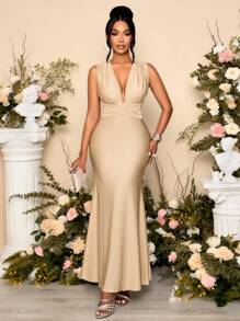 SOLERSUN Sexy Women's Elegant Deep V-Neck Halter Ruched Sleeveless Maxi Mermaid Dress Women Outfit,Suitable For Wedding Party & Dating - Khaki - View 1