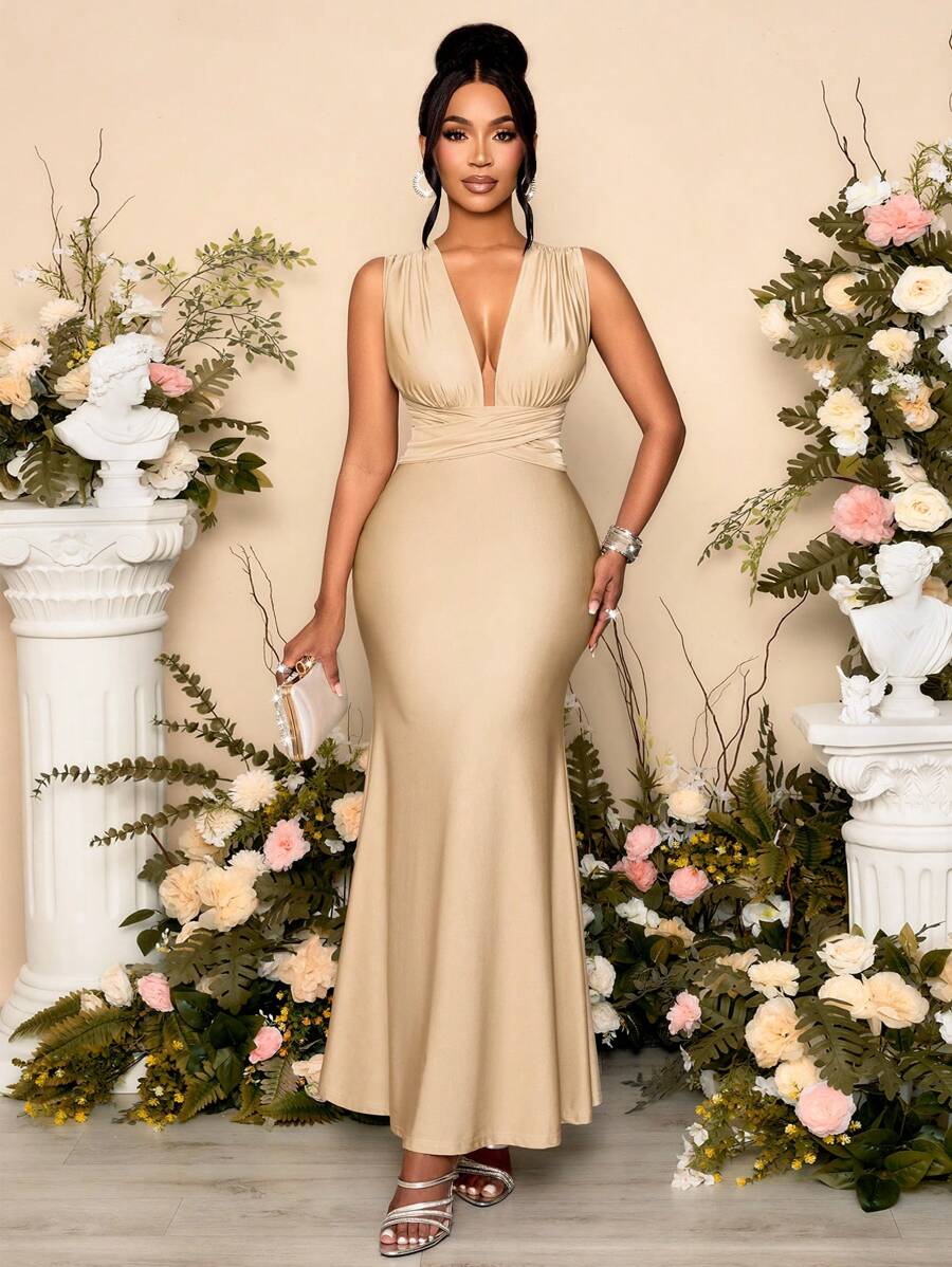 SOLERSUN Sexy Women's Elegant Deep V-Neck Halter Ruched Sleeveless Maxi Mermaid Dress Women Outfit,Suitable For Wedding Party & Dating - Khaki - View 1