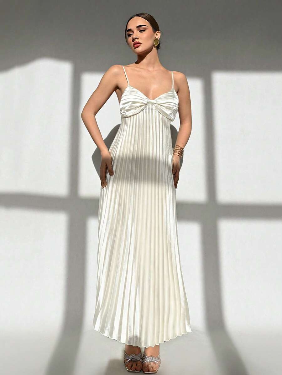 Aloruh Pleated Long Strap Dress For Women, Apricot Color, Elegant For ...