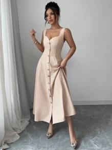 Elenzga Vestido elegante francés de mujer de corte princesa con cintura ceñida y espalda descubierta, para primavera y verano - Caqui - Ver 6