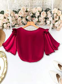SHEIN LUNE Blusa roja holgada de mujer talla grande con cuello en V, mangas cortas con volantes y lazo - Rojo - Ver 2