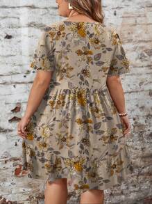 EMERY ROSE Casual & Eenvoudige Losse Ditsy Bloemen Ronde Hals Korte Mouw Plus Size Jurk, Geschikt Voor Herfst & Winter