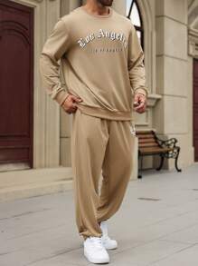 Manfinity LEGND Conjunto de sudadera y pantalón de chándal de 2 piezas con estampado de letras, para hombre talla grande, para otoño