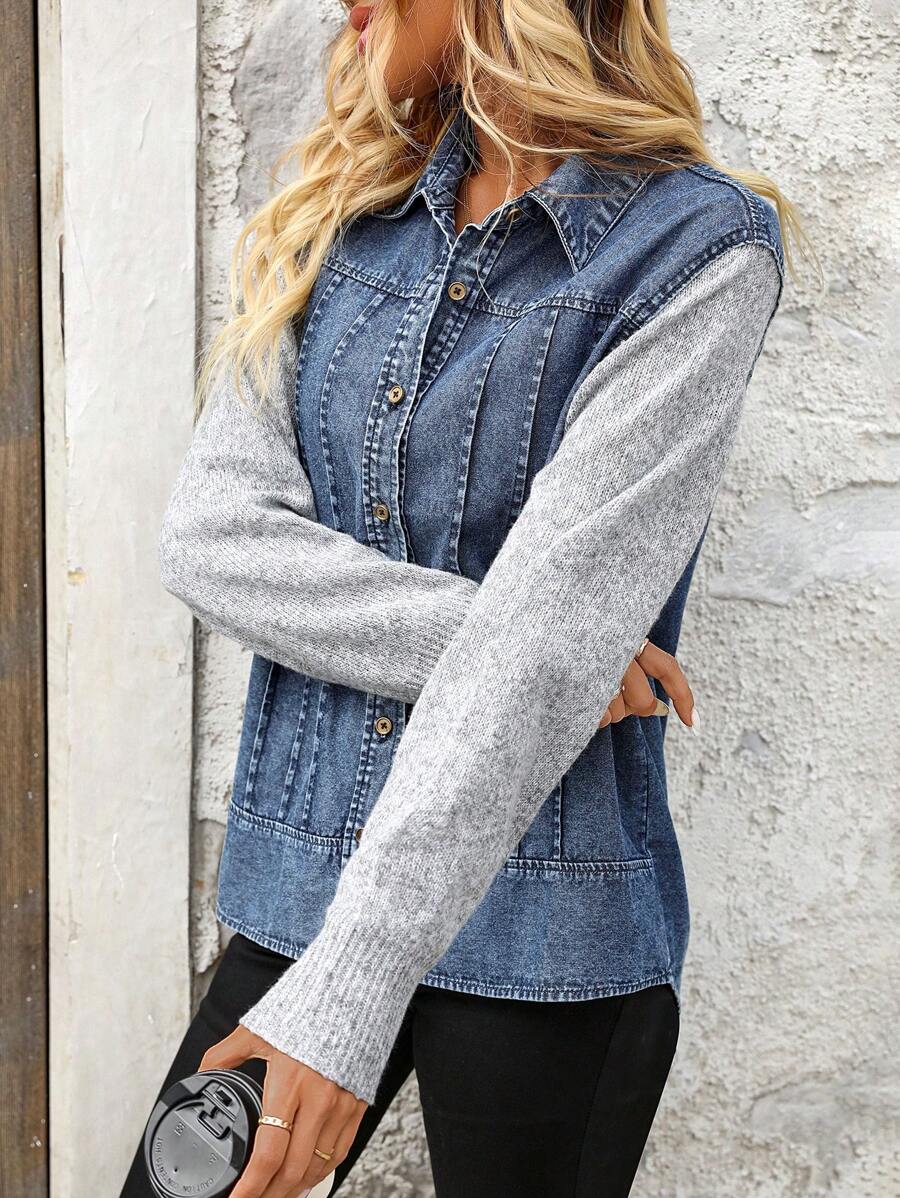 SHEIN LUNE Women's Contrast Color Knitted Sleeve Patchwork Denim Shirt Top Fall Cloth For Women - Blue - View 1