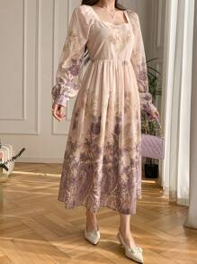 DAZY 女士碎花方领灯笼袖中长款度假连衣裙，秋季长袖连衣裙，复活节 - 紫色 - 查看 8