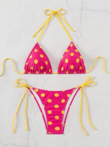 Swim Mod 2026 Spring/Summer Women's Spaghetti Strap Halter White Base Pink Polka Dot Random Print Sweet Cute Side Tie Thong Bikini Two Pieces Swimsuit